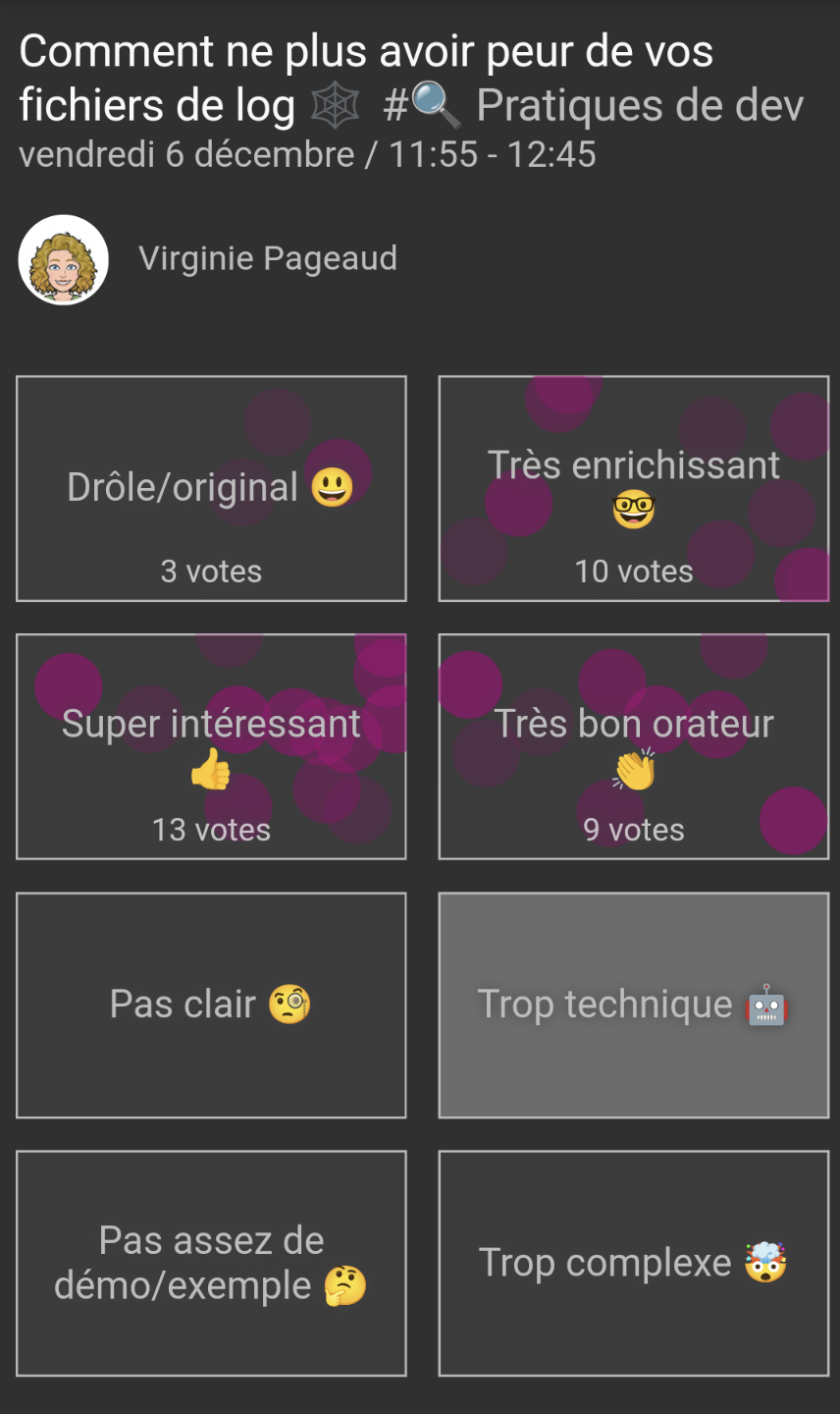 Screenshot du feeback global : &ldquo;Très enrichissant&rdquo;, &ldquo;très bon orateur&rdquo;, &ldquo;super intéressant&rdquo;