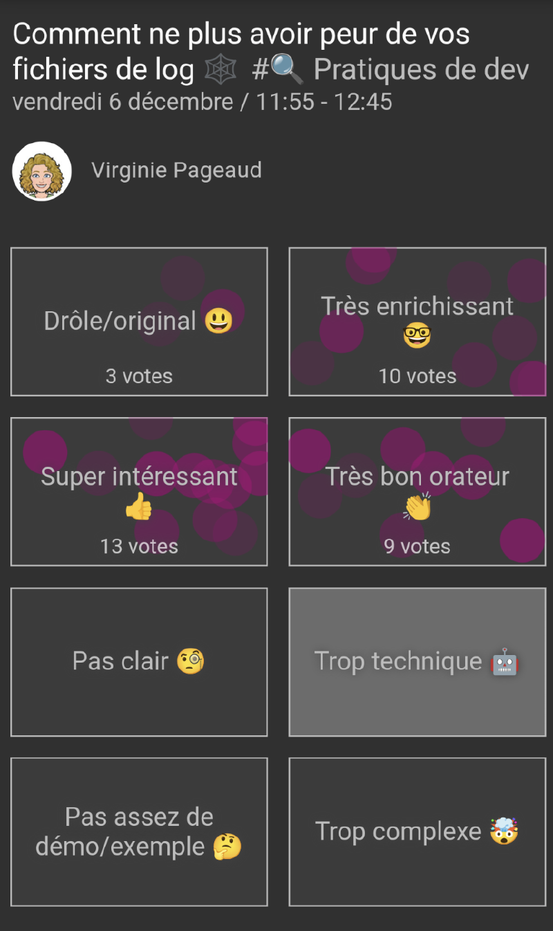 Screenshot du feeback global : &ldquo;Très enrichissant&rdquo;, &ldquo;très bon orateur&rdquo;, &ldquo;super intéressant&rdquo;