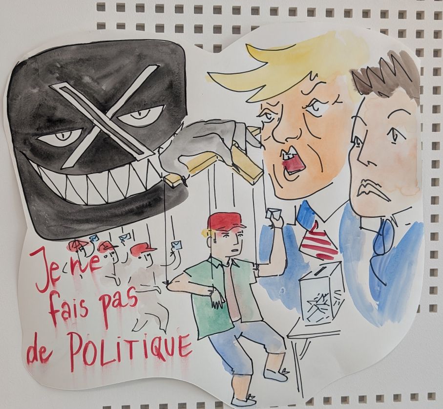Dessin d&rsquo;Orane montrant Elon Musk disant qu&rsquo;il ne fait pas de politique, aux côté de Trump. On voit aussi le logo du réseau social X manipulant un humain comme une marionnette