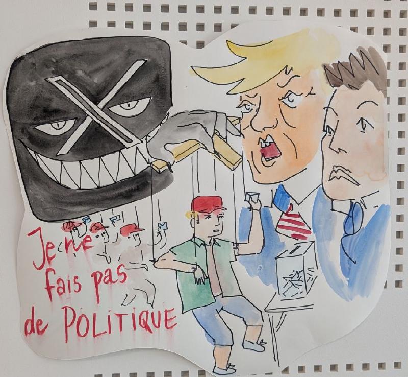 Dessin d&rsquo;Orane montrant Elon Musk disant qu&rsquo;il ne fait pas de politique, aux côté de Trump. On voit aussi le logo du réseau social X manipulant un humain comme une marionnette